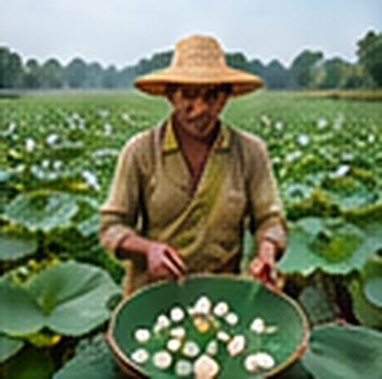 A farmer sorting raw makhana in a lotus pond